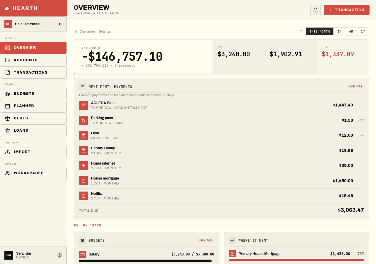 Hearth command center dashboard on desktop