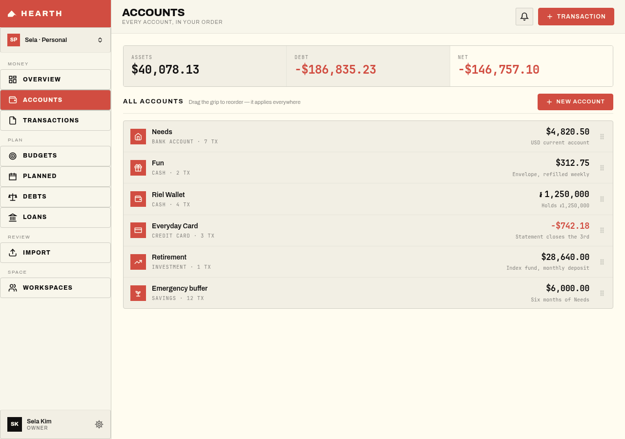 Hearth Multi-Account Balances screen