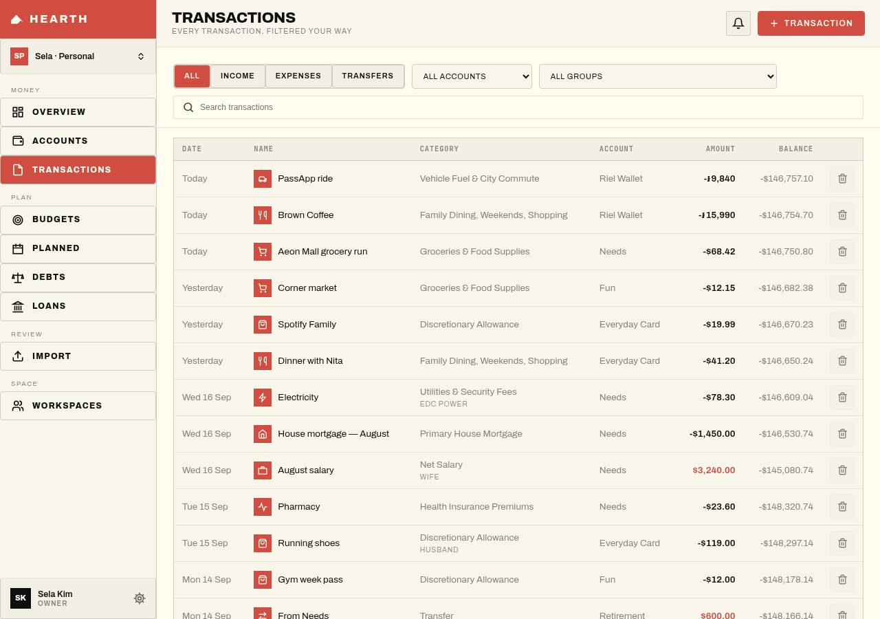 Hearth Transactions ledger screen